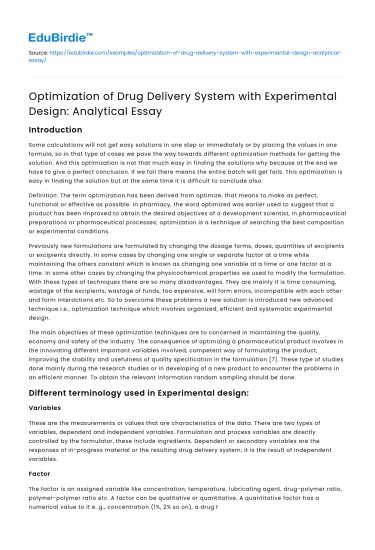 Optimizing Drug Delivery System with Experimental Design: Analysis