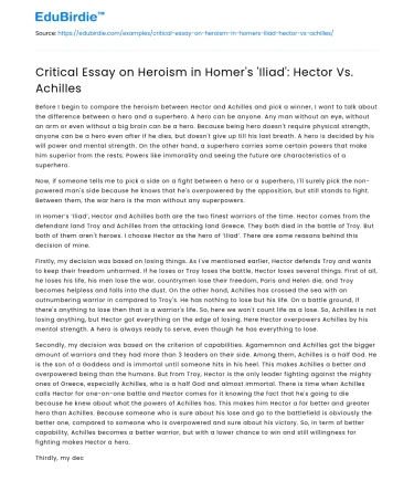 Critical Essay on Heroism in Homer’s ‘Iliad’: Hector Vs. Achilles