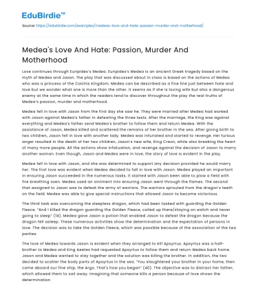 Medea’s Love And Hate: Passion, Murder And Motherhood