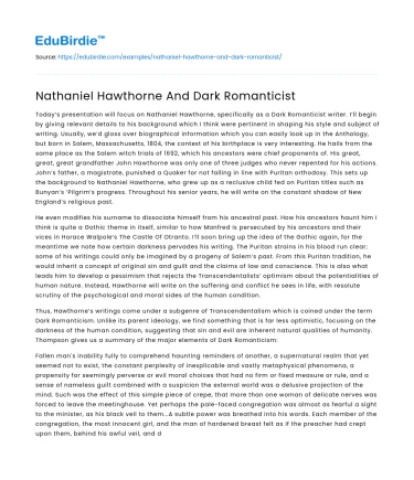 Nathaniel Hawthorne And Dark Romanticist