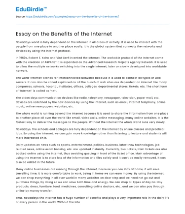 Essay on the Benefits of the Internet