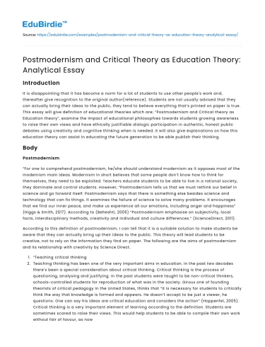 Postmodernism and Critical Theory as Education Theory