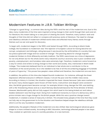 Modernism Features In J.R.R. Tolkien Writings
