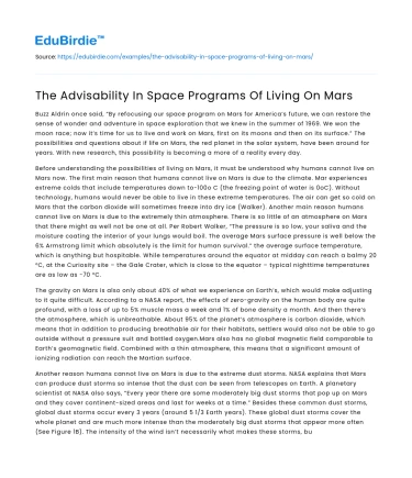 The Advisability In Space Programs Of Living On Mars