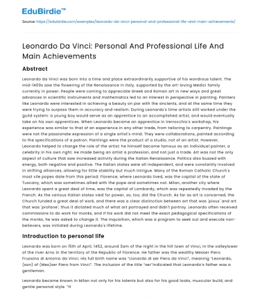 Leonardo Da Vinci: Personal And Professional Life And Main Achievements