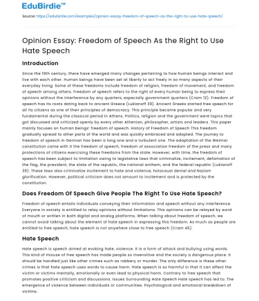 Opinion Essay: Freedom of Speech As the Right to Use Hate Speech