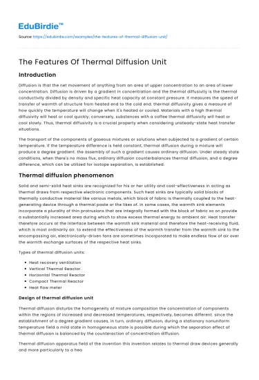 The Features Of Thermal Diffusion Unit