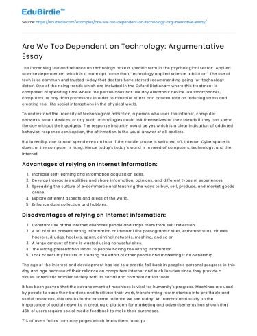 Are We Too Dependent on Technology: Argumentative Essay