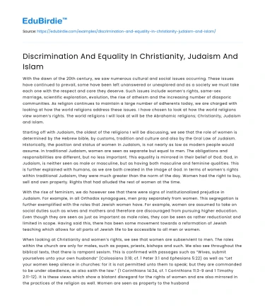 Discrimination And Equality In Christianity, Judaism And Islam