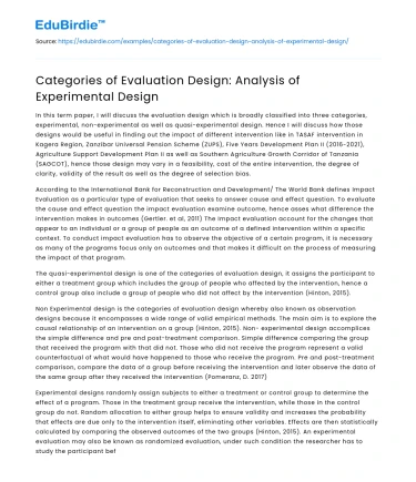 Categories of Evaluation Design: Analysis of Experimental Design