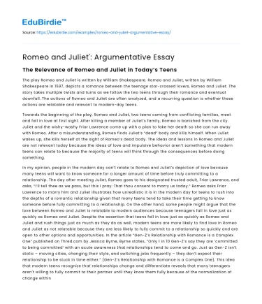 Romeo and Juliet’: Argumentative Essay
