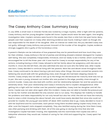 The Casey Anthony Case: Summary Essay
