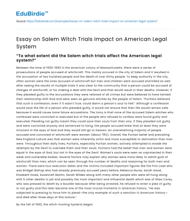 Essay on Salem Witch Trials Impact on American Legal System
