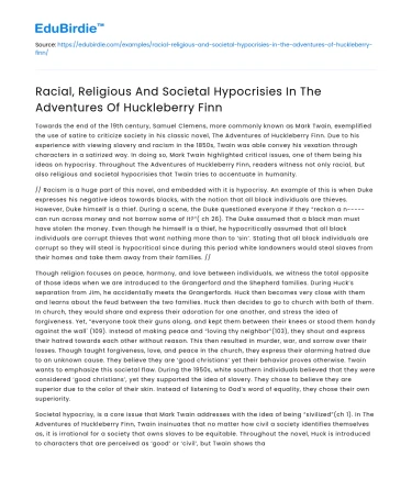 Hypocrisies in Huckleberry Finn: Race, Religion, Society