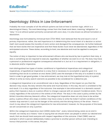 Deontology: Ethics in Law Enforcement