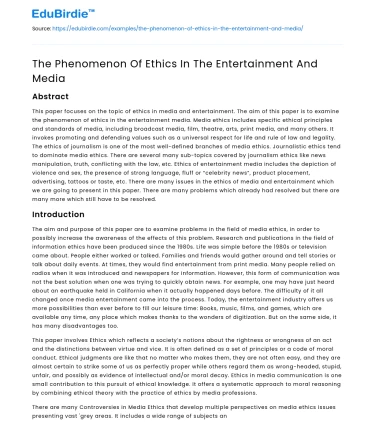 The Phenomenon Of Ethics In The Entertainment And Media