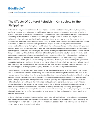 The Effects Of Cultural Relativism On Society In The Philippines