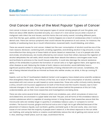 Oral Cancer as One of the Most Popular Types of Cancer