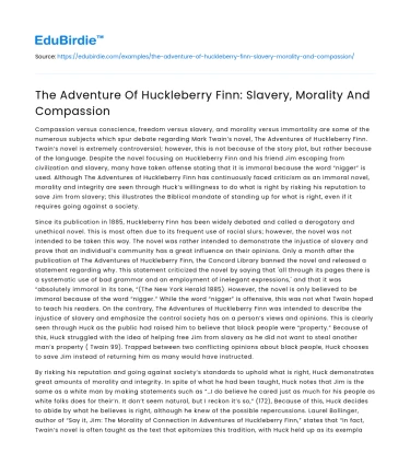 The Adventure Of Huckleberry Finn: Slavery, Morality And Compassion