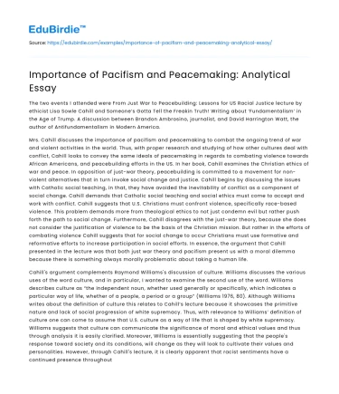 Importance of Pacifism and Peacemaking: Analytical Essay