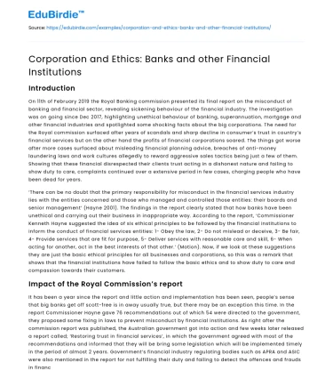Corporation and Ethics: Banks and other Financial Institutions
