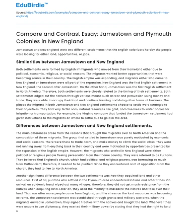 Compare and Contrast: Jamestown and Plymouth Colonies in New England