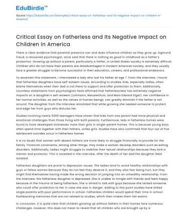 Negative Impact of Fatherlessness on Children in America