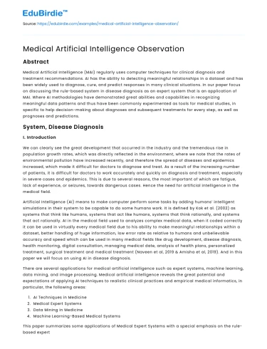 Medical Artificial Intelligence Observation