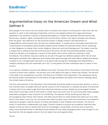 Argumentative Essay on the American Dream and What Defines It