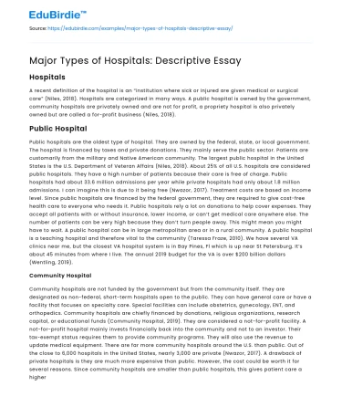 Major Types of Hospitals: Descriptive Essay