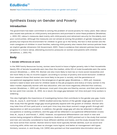 Synthesis Essay on Gender and Poverty