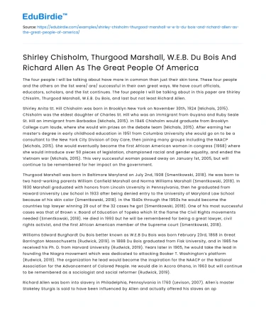Key Figures in American History: Chisholm, Marshall, Du Bois, Allen