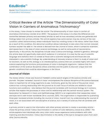 Review of Color Vision in Anomalous Trichromacy Carriers