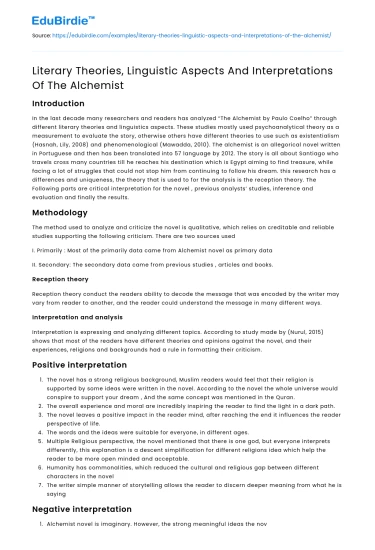 Literary Theories, Linguistic Aspects And Interpretations Of The Alchemist
