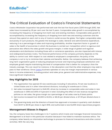 The Critical Evaluation of Costco’s Financial Statements