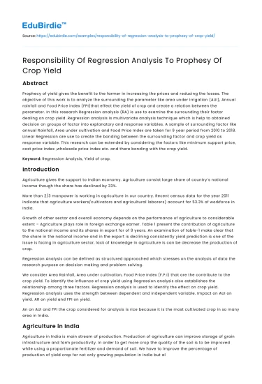 Predictive Power of Regression Analysis in Crop Yield