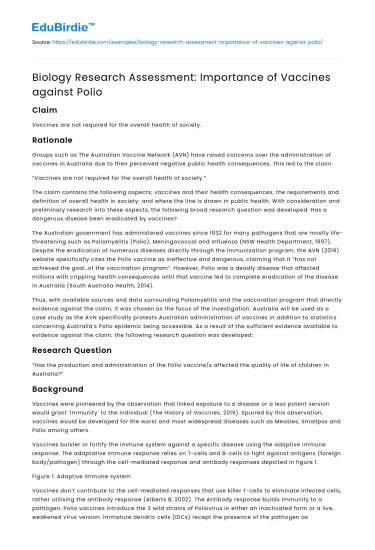 Biology Research Assessment: Importance of Vaccines against Polio