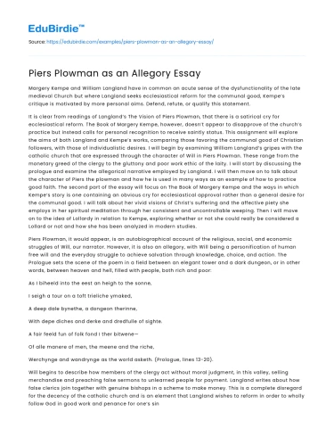 Piers Plowman as an Allegory Essay