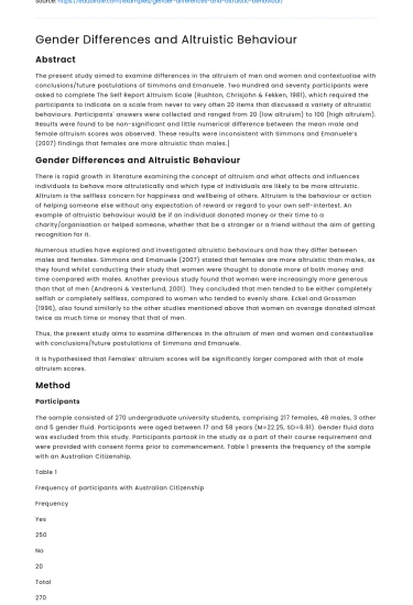 Gender Differences and Altruistic Behaviour