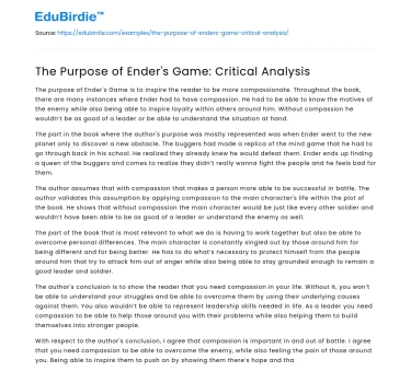 The Purpose of Ender’s Game: Critical Analysis