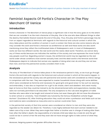 Feminist Aspects Of Portia’s Character In The Play Merchant Of Venice