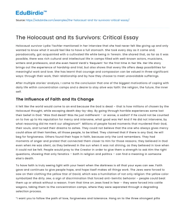 The Holocaust and Its Survivors: Critical Essay