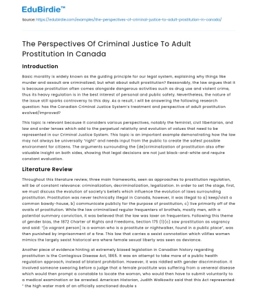The Perspectives Of Criminal Justice To Adult Prostitution In Canada