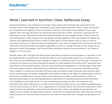 What I Learned in Nutrition Class: Reflective Essay