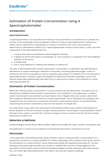 Estimation Of Protein Concentration Using A Spectrophotometer