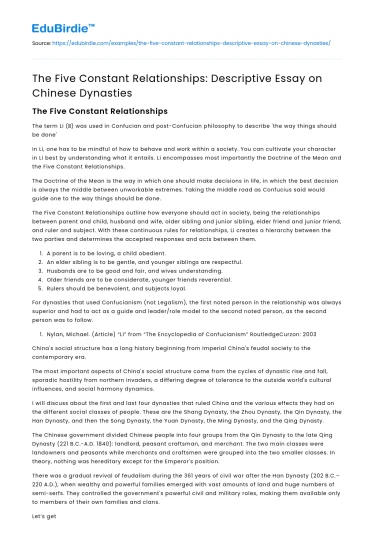 The Five Constant Relationships on Chinese Dynasties