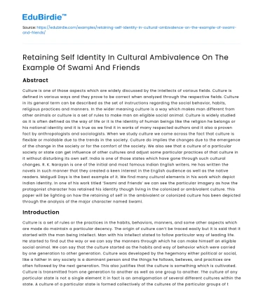 Maintaining Self Identity in Cultural Ambivalence: Swami And Friends