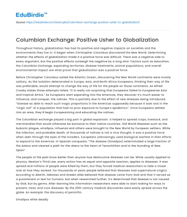 Columbian Exchange: Positive Usher to Globalization