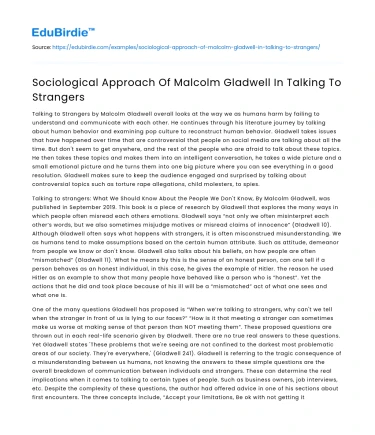 Sociological Approach Of Malcolm Gladwell In Talking To Strangers