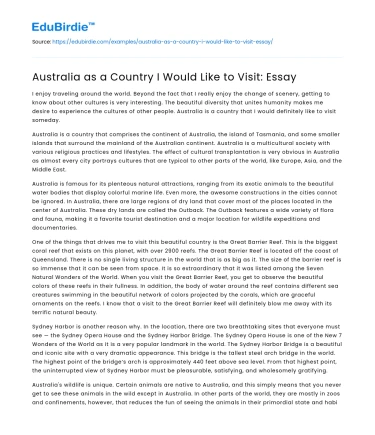 Australia as a Country I Would Like to Visit: Essay